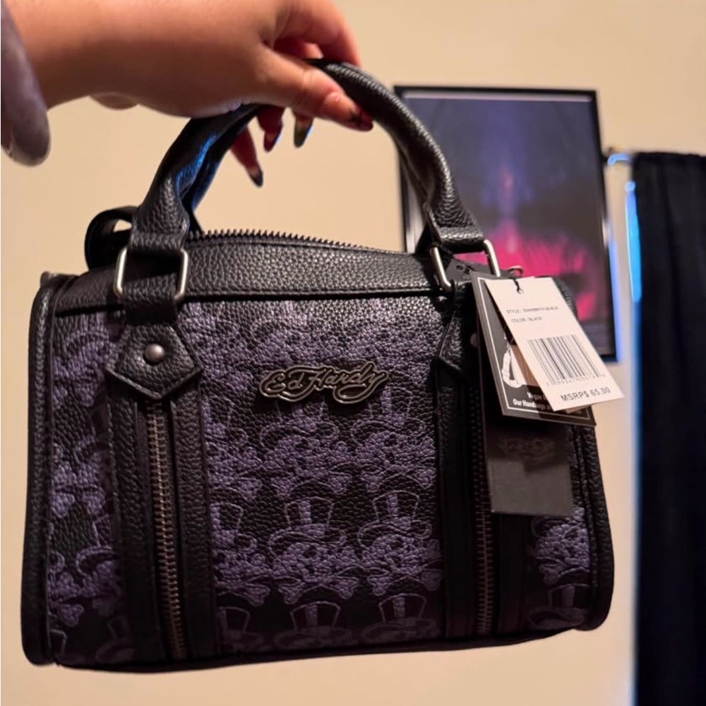 Ed Hardy Black and Purple Textured Satchel Handbag